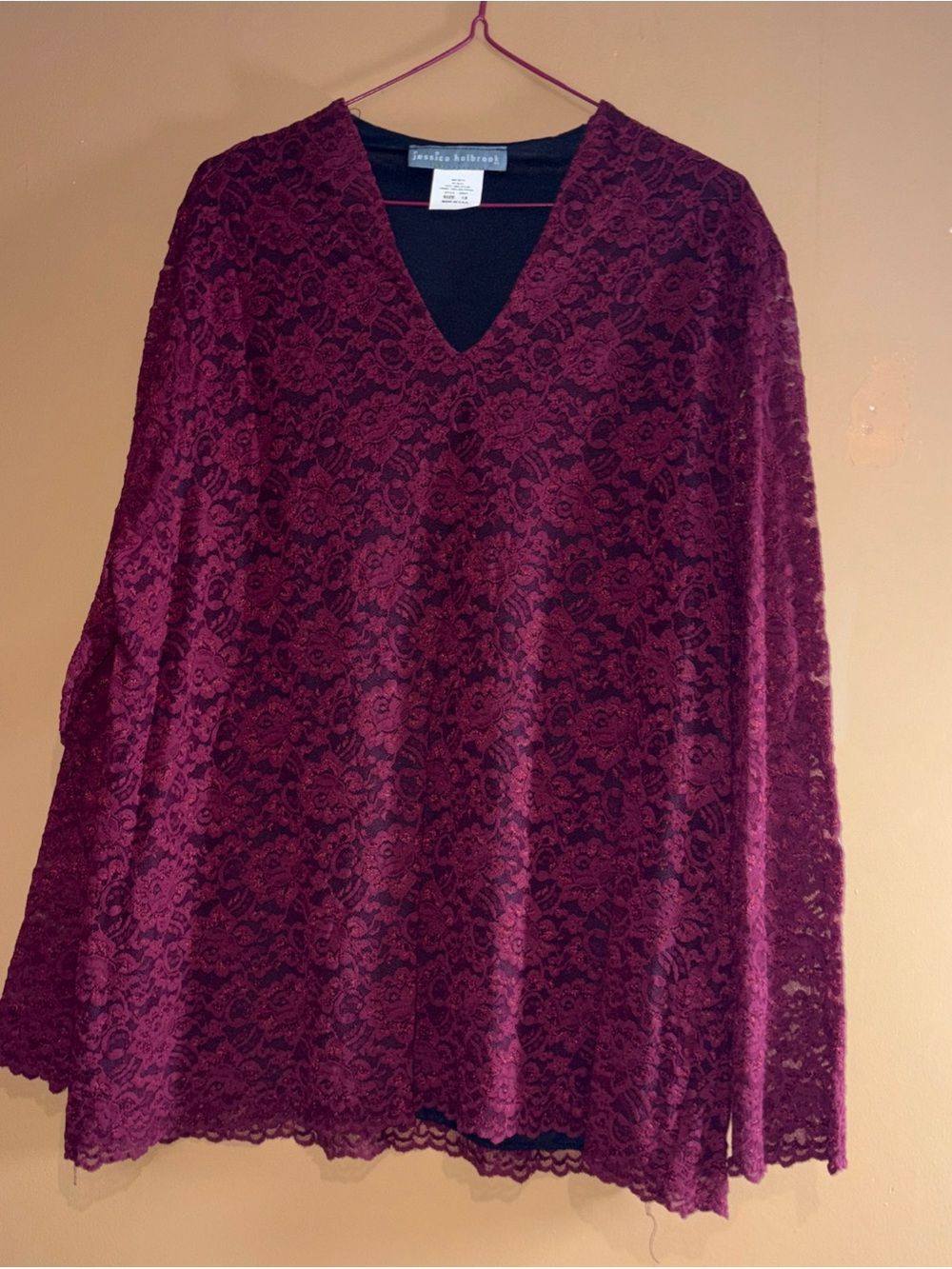 HC835. Jessica Holbrook women's Burgundy lined lace crewcut stretch Size 1X